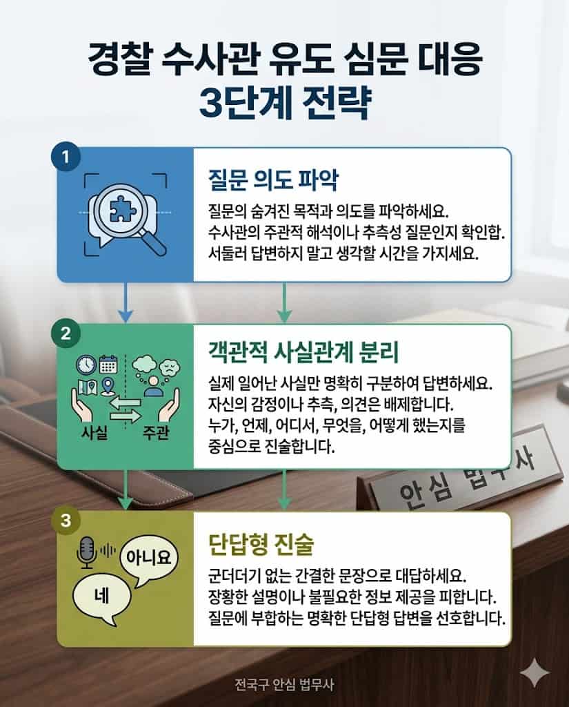 수사관 유도 심문 차단 및 공모관계 부정을 위한 3단계 진술 통제 플로우차트