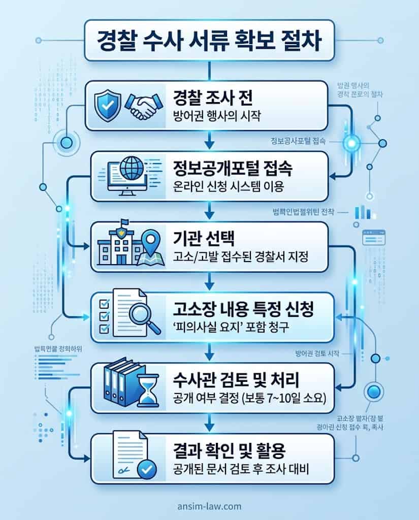 경찰 조사 전 정보공개포털을 통한 고소장 확보 및 수사 서류 열람 신청 절차를 요약한 한글 인포그래픽