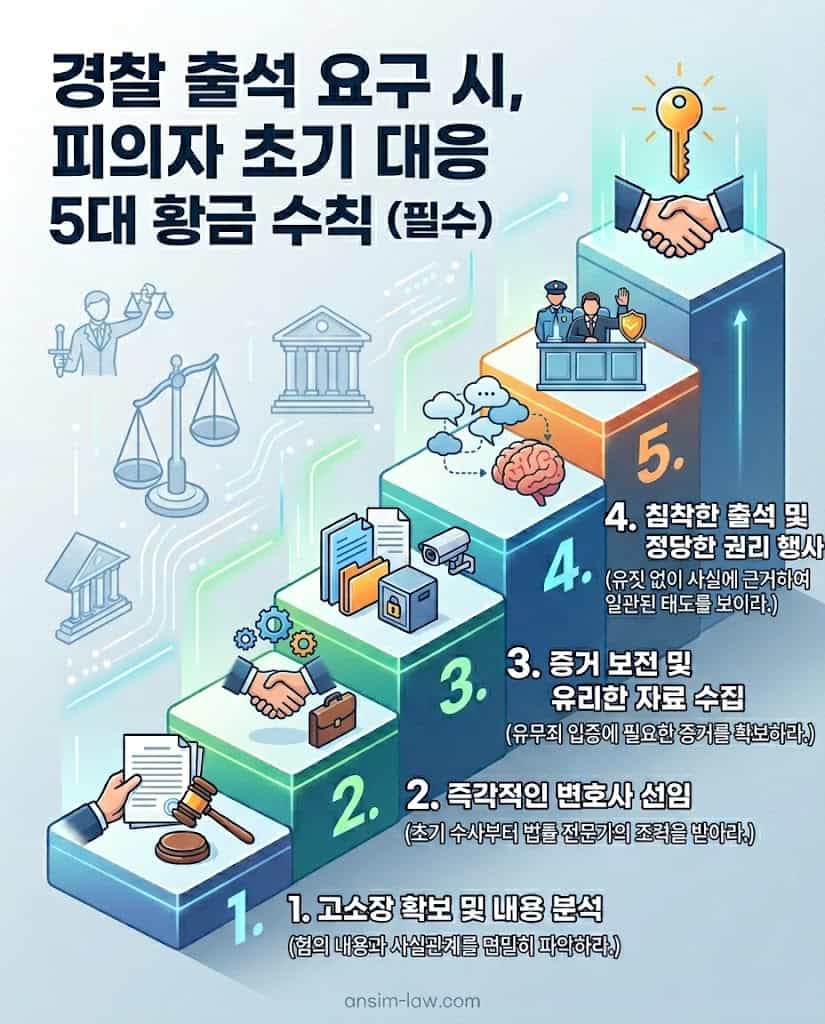 특수폭행 피의자의 경찰 조사 초기 방어 대응 5단계를 정리한 계단식 다이어그램