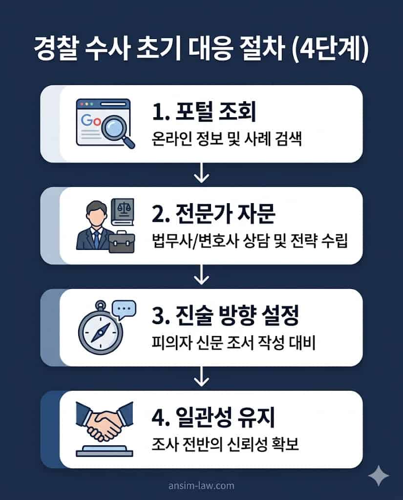 경찰 소환 통보부터 조서 작성까지, 억울한 혐의 방어를 위한 수사 초기 대응 4단계 플로우차트입니다.