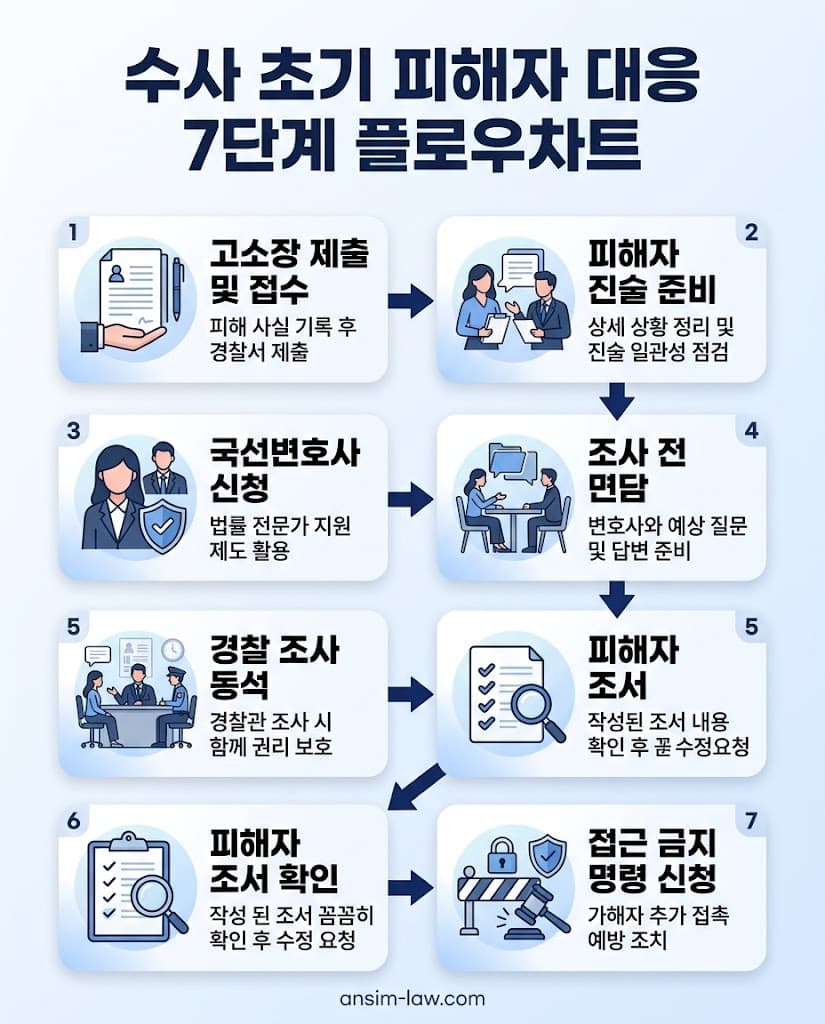 수사 초기 유도 심문 방어 및 변호인 동석 등 피해자 수사 대응 7단계 행동 요령 플로우차트입니다.