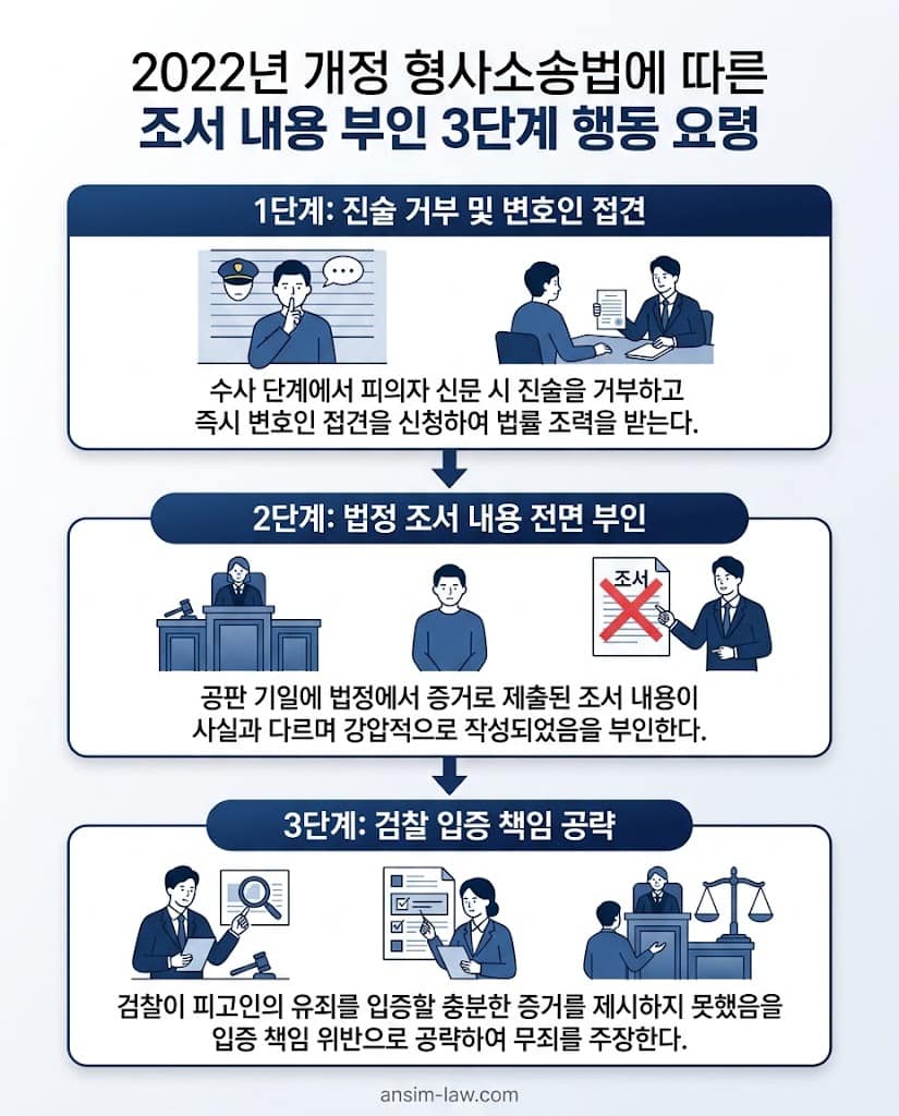 강압적인 피의자신문조서의 증거 능력을 법정에서 무력화시키는 3단계 핵심 행동 요령 플로우차트.