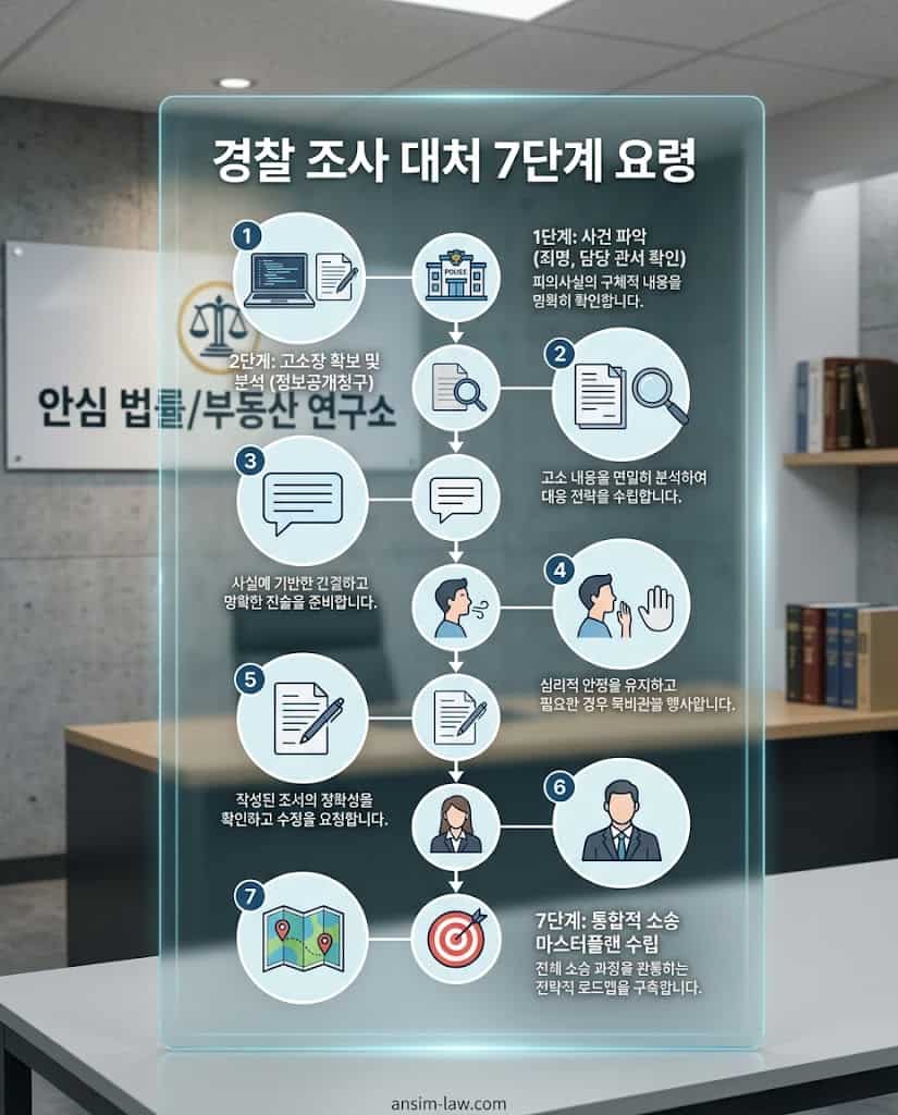 경찰 수사 시 유도 심문을 방어하고 올바르게 대응하기 위한 7단계 행동 요령 플로우차트입니다.