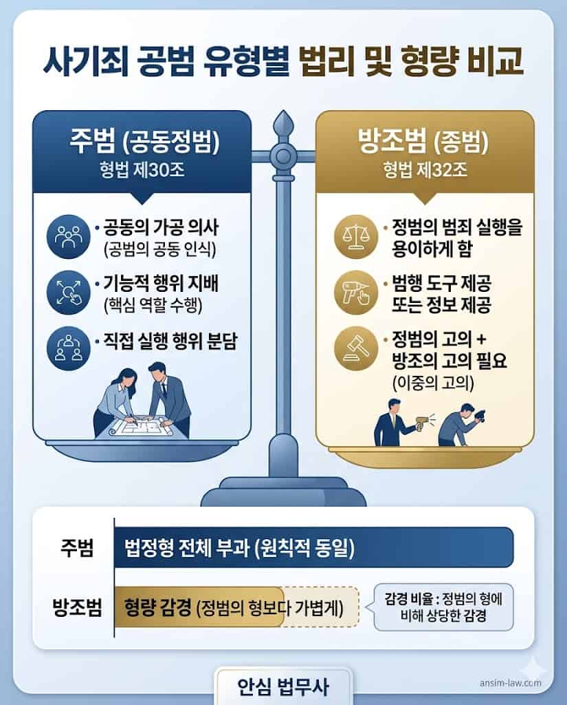 형법 제30조 공동정범과 제32조 방조범의 성립 요건 및 형량 감경 비교표