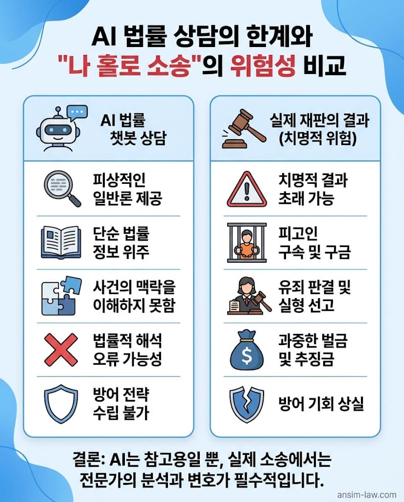 나 홀로 소송 및 AI 챗봇 법률 상담이 지닌 치명적인 실무적 맹점과 위험성 대조표