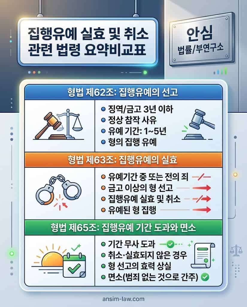 형법 제63조 등 집행유예 취소 요건 및 주요 법률 질문에 대한 조문 근거