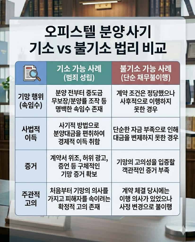 분양 사기 사건의 기소 가능성과 불기소 사유를 정리한 법리 비교표입니다.