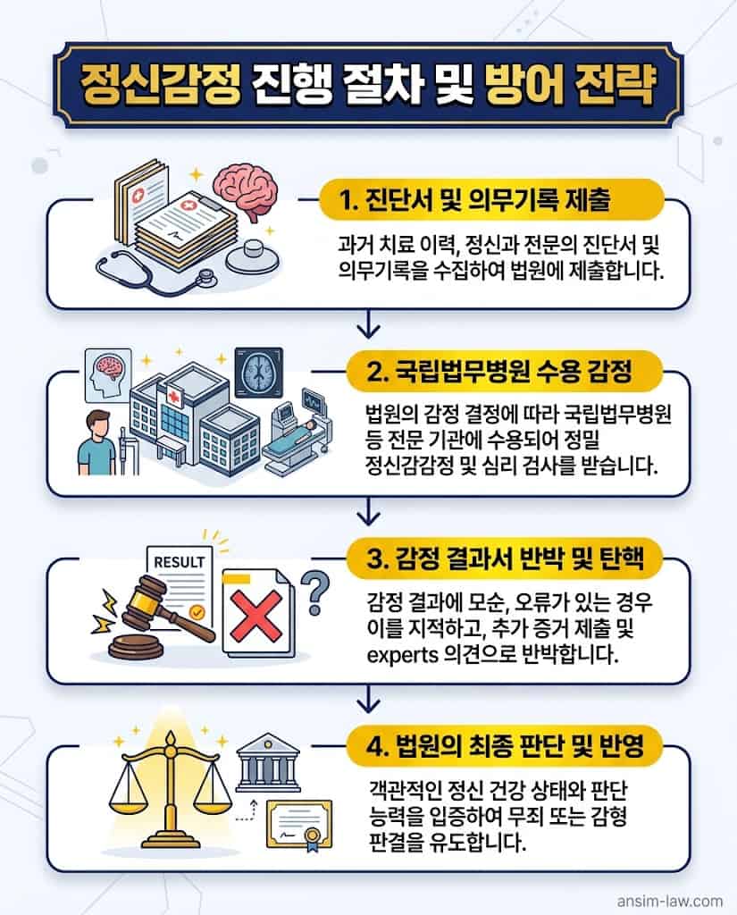 객관적인 판단 능력 검증을 위한 국립법무병원 정신감정 절차와 변호인의 실무 방어 단계 플로우차트.
