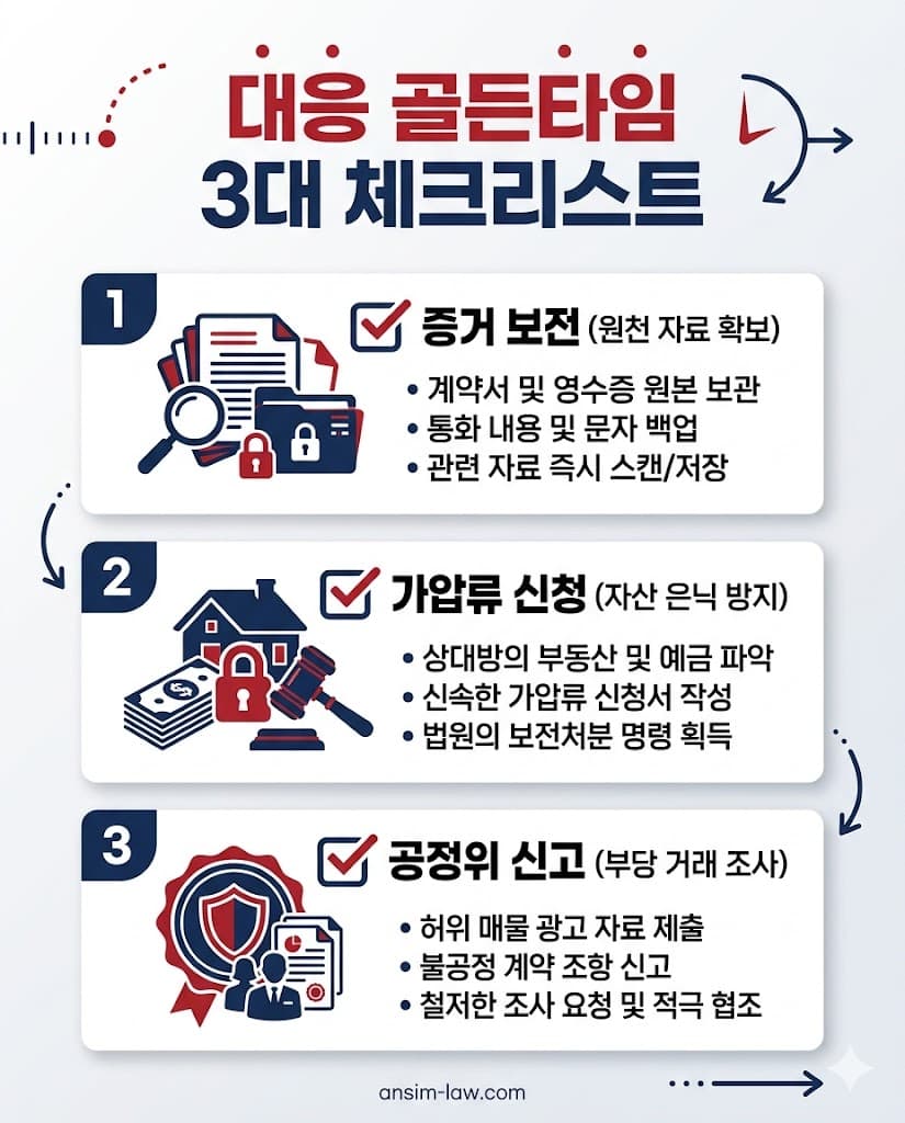 분양 사기 인지 직후 즉각적으로 실행해야 하는 원본 보전 및 보전 처분 등 핵심 체크리스트입니다.