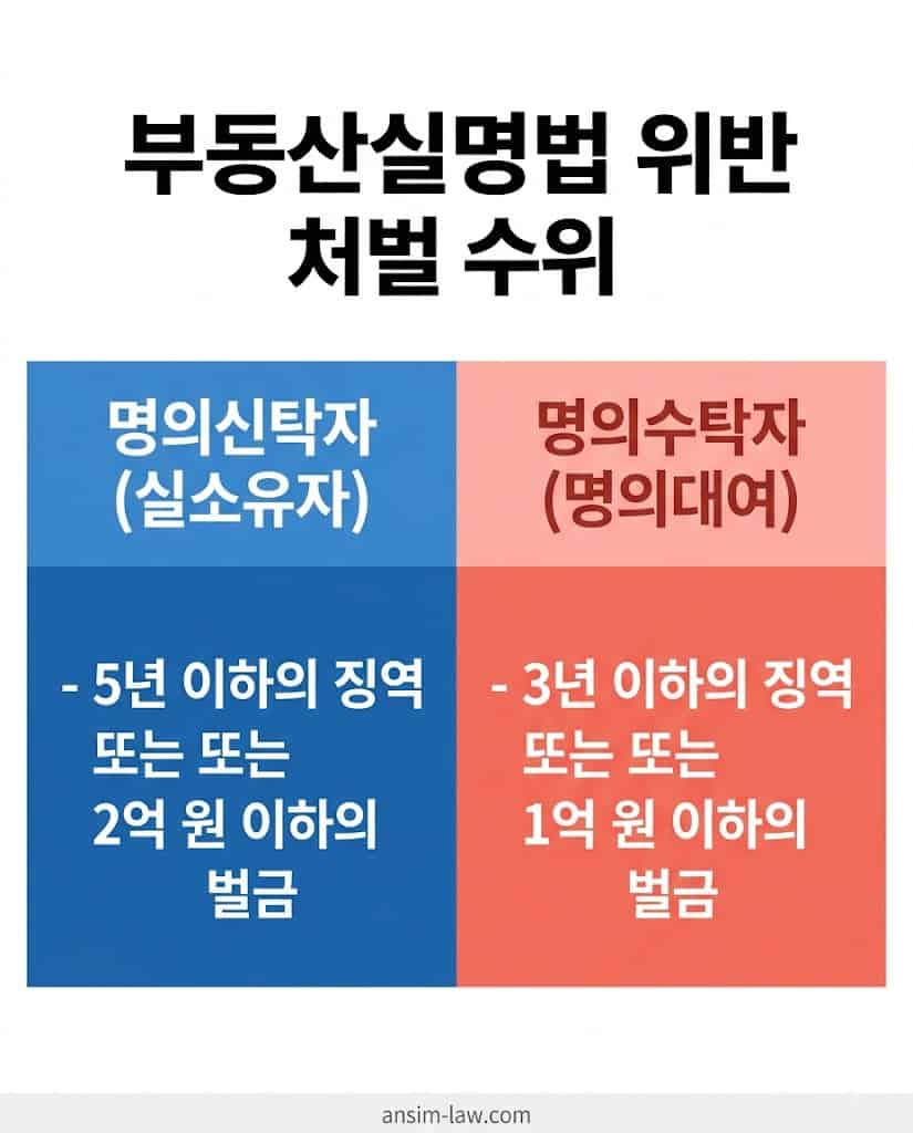 부동산실명법 위반 시 명의신탁자와 명의수탁자가 받게 되는 징역 및 벌금 비교 표.