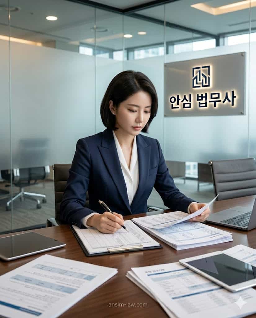 조합장 횡령 및 비밀 장부를 정밀 분석하고 있는 안심 법무사의 업무 모습.