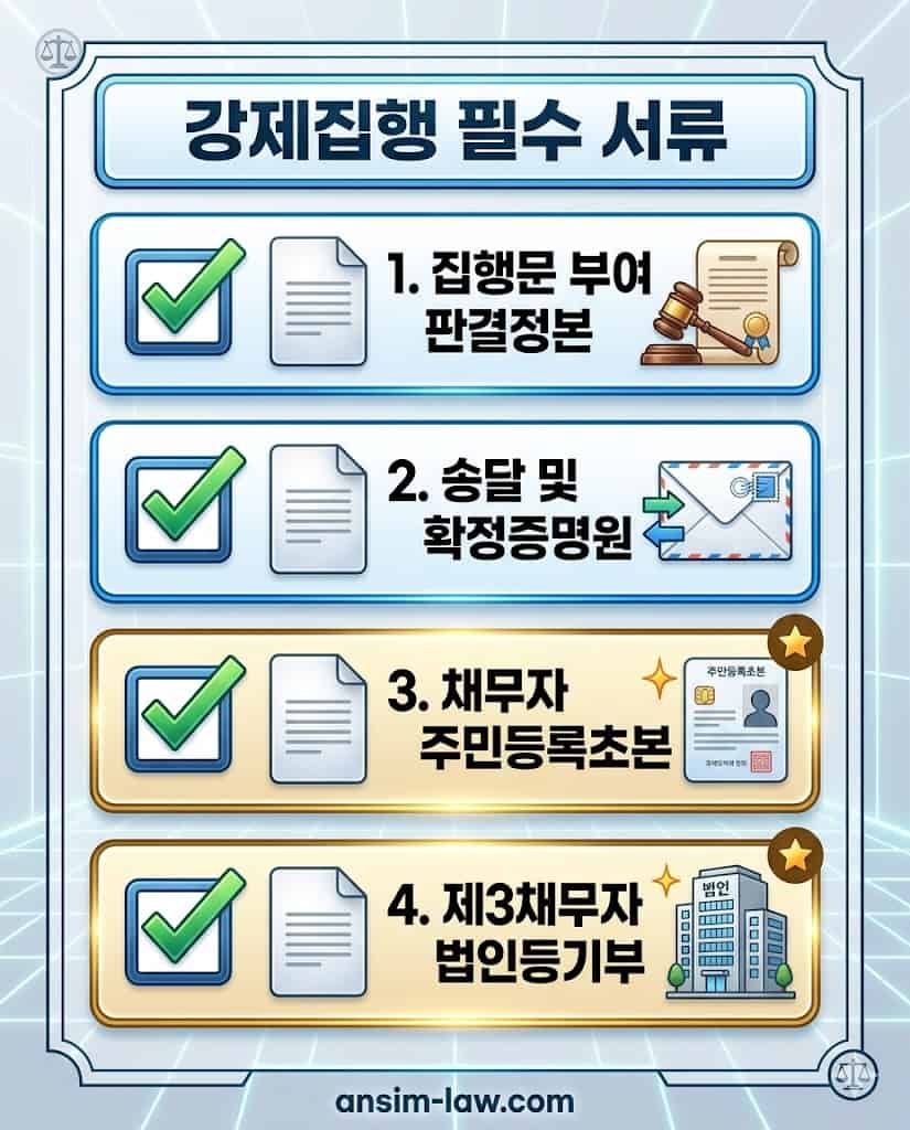 은행 계좌 압류 신청 시 법원에 제출해야 하는 필수 서류 4종 체크리스트.