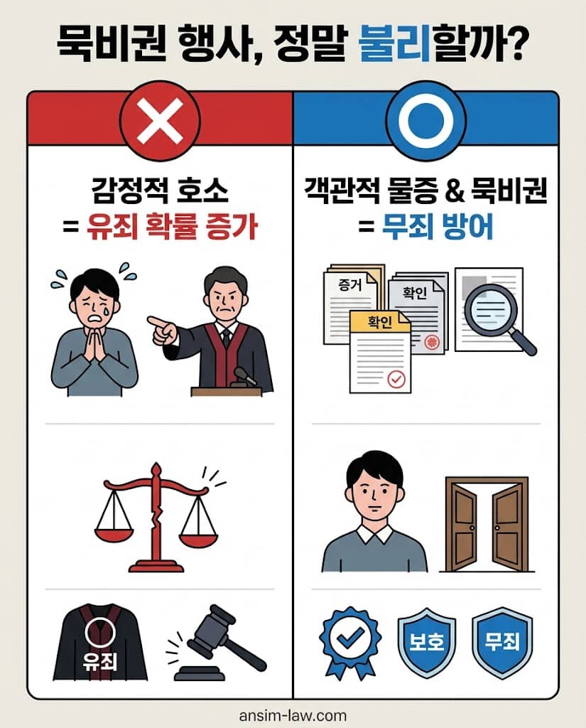 묵비권 행사와 재판 유무죄 판결의 상관관계를 직관적으로 보여주는 오해와 진실 비교표
