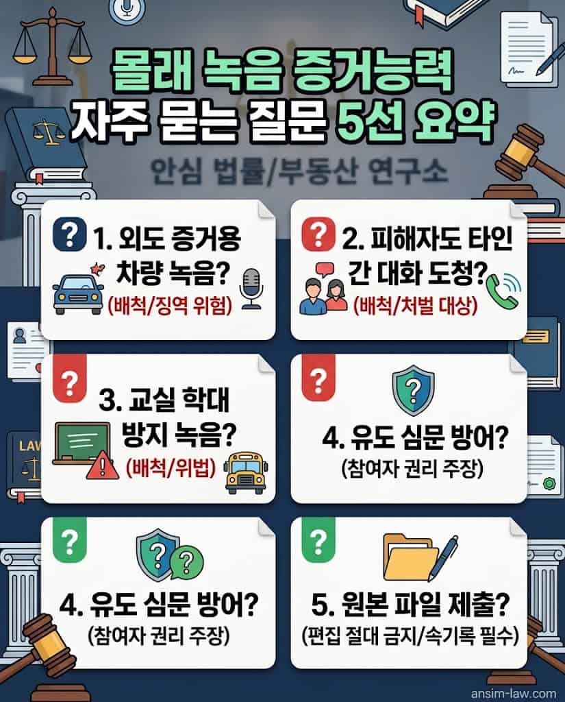 몰래 녹음한 대화의 형사재판 증거능력과 처벌 위험에 대한 핵심 FAQ 요약 인포그래픽