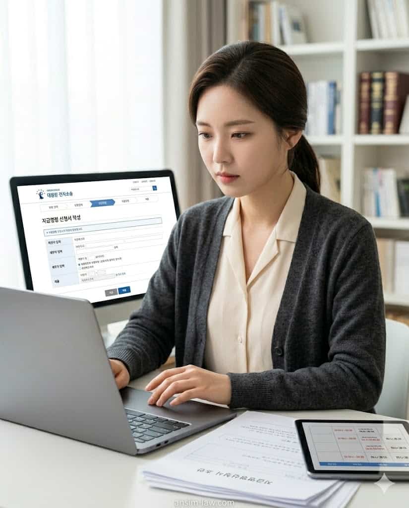집에서 노트북으로 법률 서류를 작성 중인 전문적인 여성의 모습