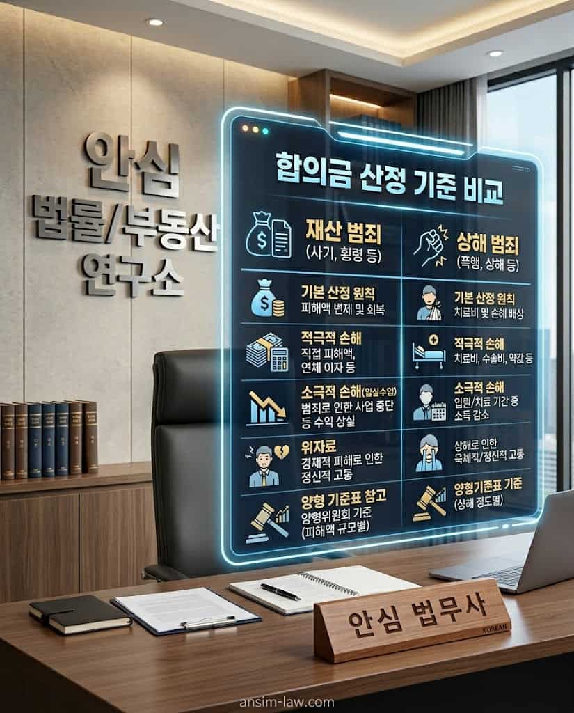 사기 등 재산 범죄와 상해 범죄의 형사 합의금 산정 기준 차이를 비교한 표