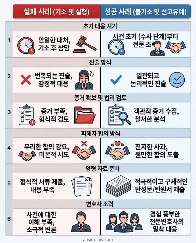 초기 진술 고수 및 양형 자료 구비 여부에 따른 성범죄 재판 성공과 실패 사례 비교 대조표.