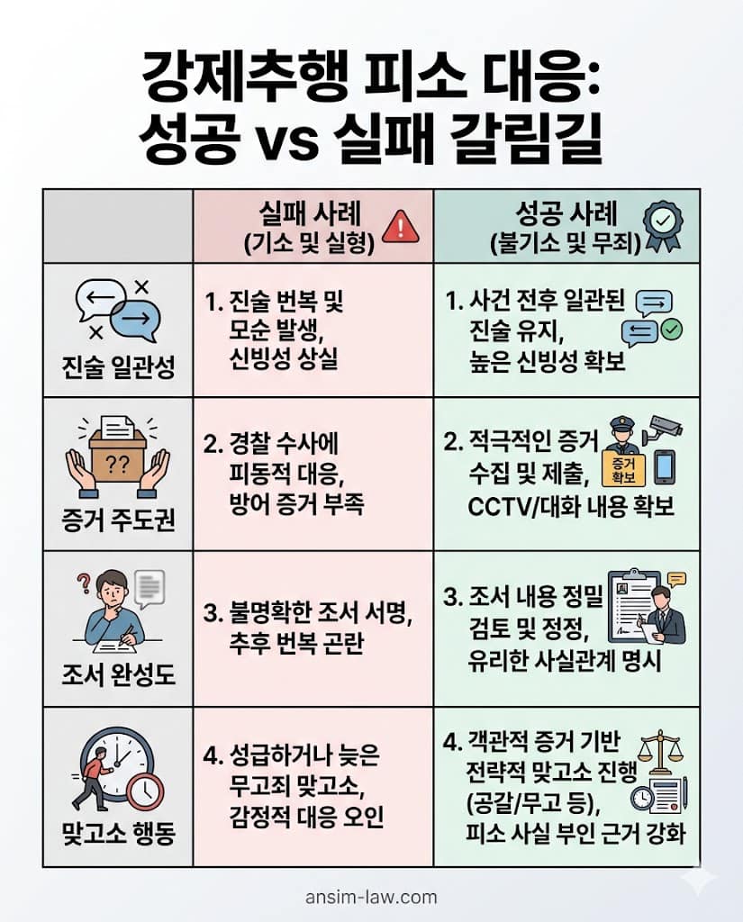 강제추행 피소 시 대응 방식에 따른 무죄 성공 사례와 기소 실패 사례 비교 분석표.