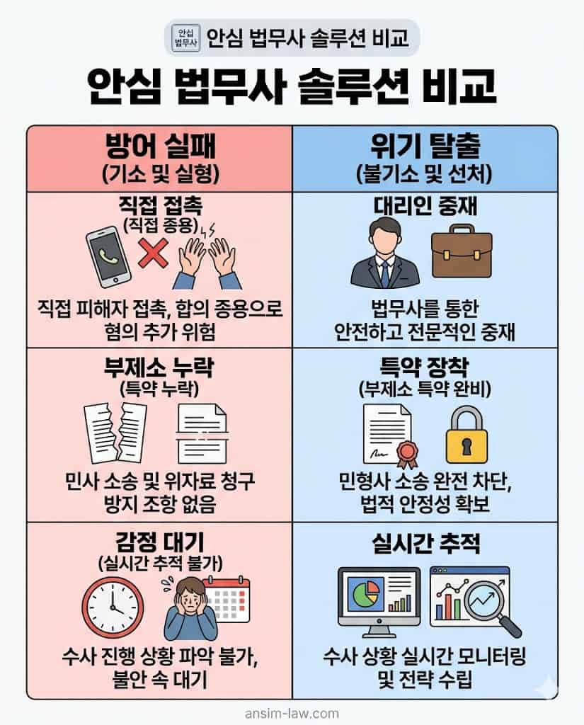성범죄 사법 방어 실패 유형과 조기 위기 탈출 성공 사례 비교 인포그래픽 표