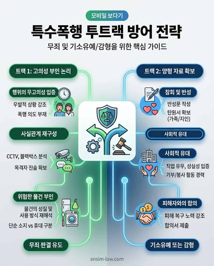 특수폭행 기소유예 및 무죄 판결을 이끌어내는 투트랙 방어 전략 마인드맵 요약도