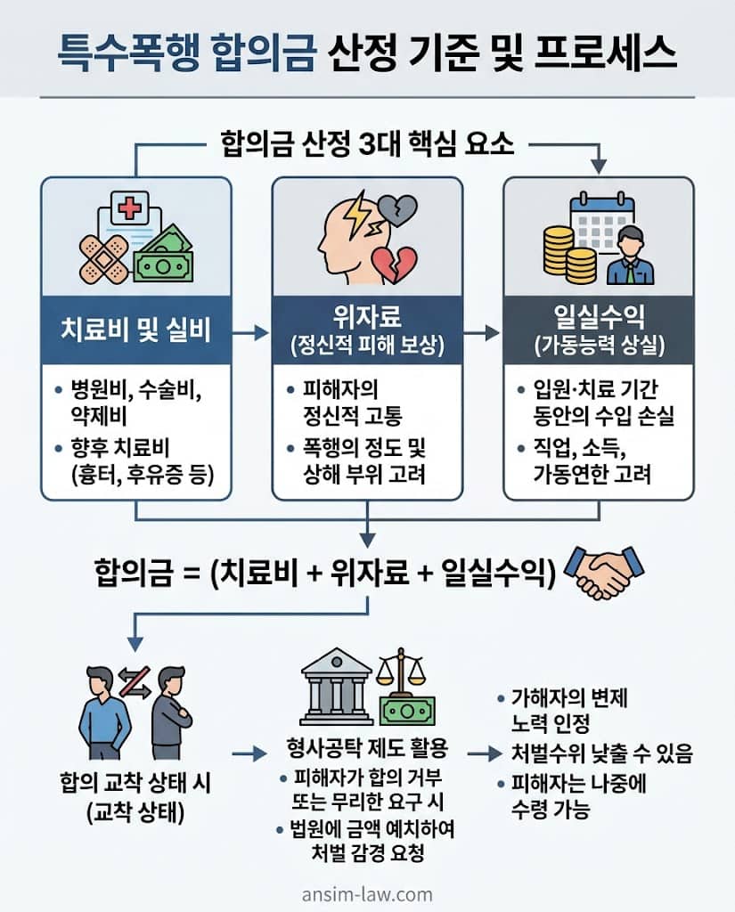 치료비와 위자료 등 특수폭행 합의금 적정 산정 기준을 도식화한 인포그래픽