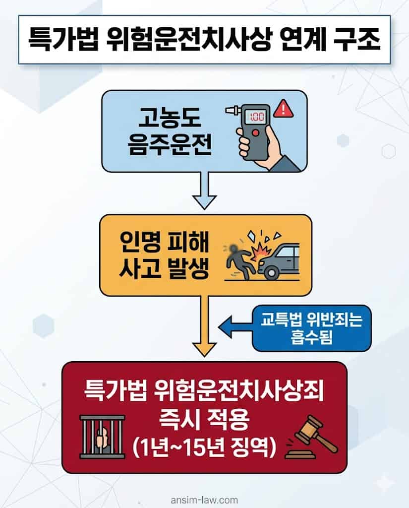 음주 교통사고 발생 시 특가법상 위험운전치사상죄가 적용되는 메커니즘 구조도.
