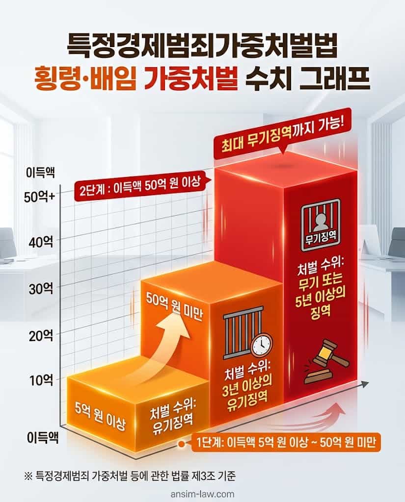 특정경제범죄가중처벌법에 따른 이득액 5억 원 및 50억 원 이상 시의 가중 처벌 수위 시각화 그래프.