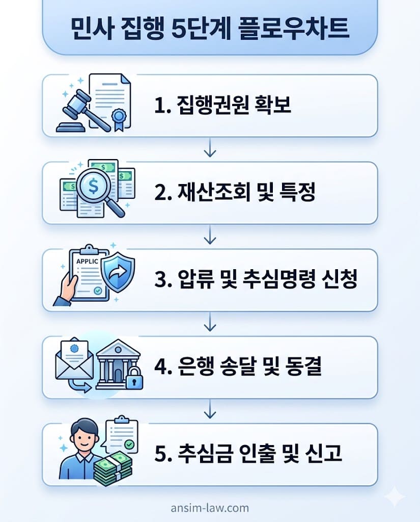 집행권원 확보부터 추심신고까지 이르는 은행 통장 압류 5단계 절차도.