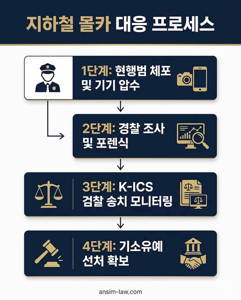 불법 촬영 혐의 입건부터 기소유예 처분까지의 핵심 형사 절차 단계별 대응 흐름도