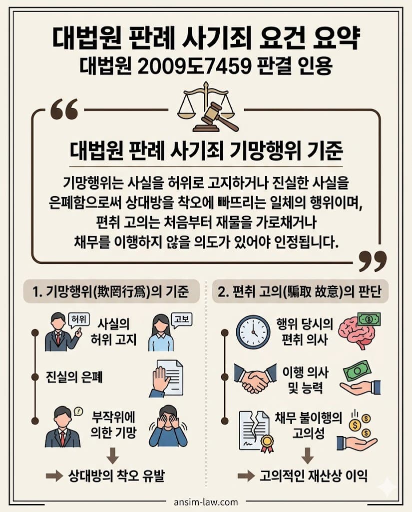 대법원 판례에 따른 사기죄 기망행위의 성립 요건과 편취 고의성 판단 기준을 요약한 그래픽입니다.