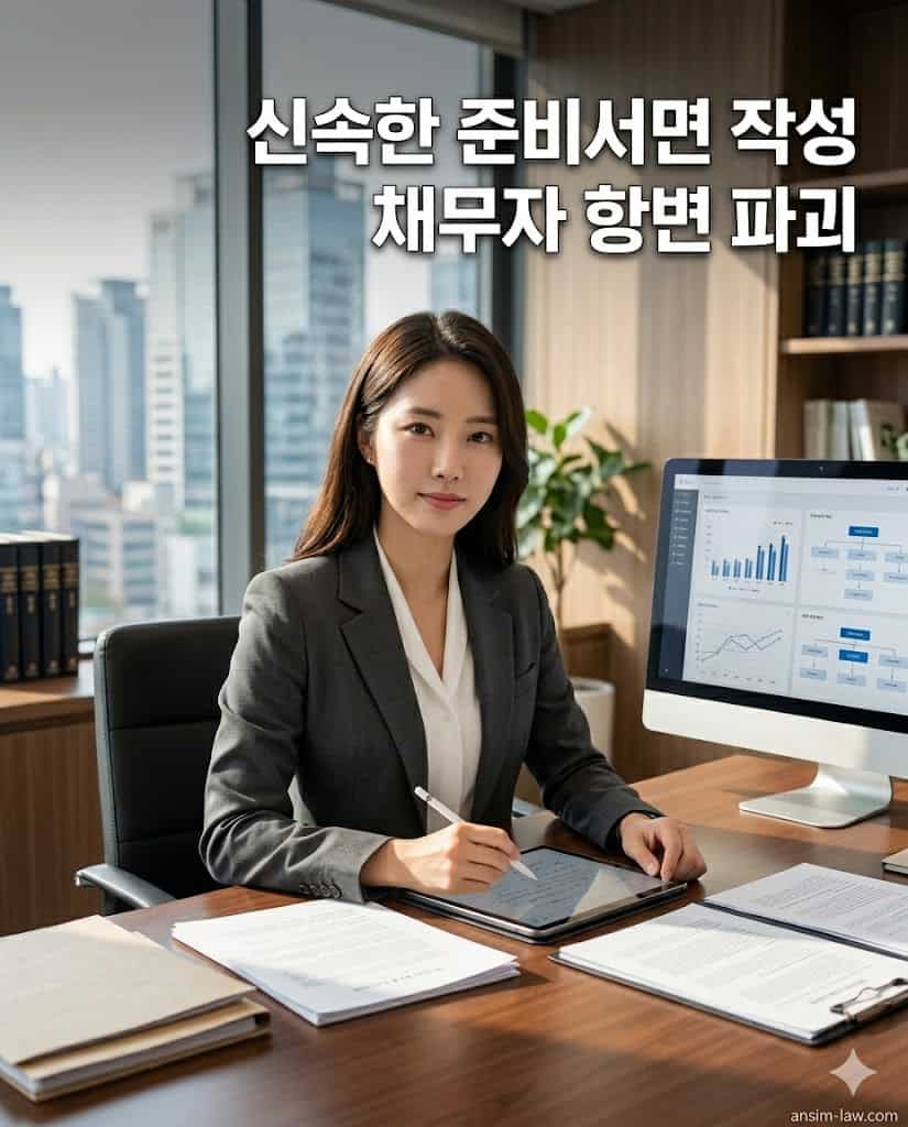 법무사가 신속하게 민사소송 준비서면을 작성하여 채무자의 항변을 반박하는 모습