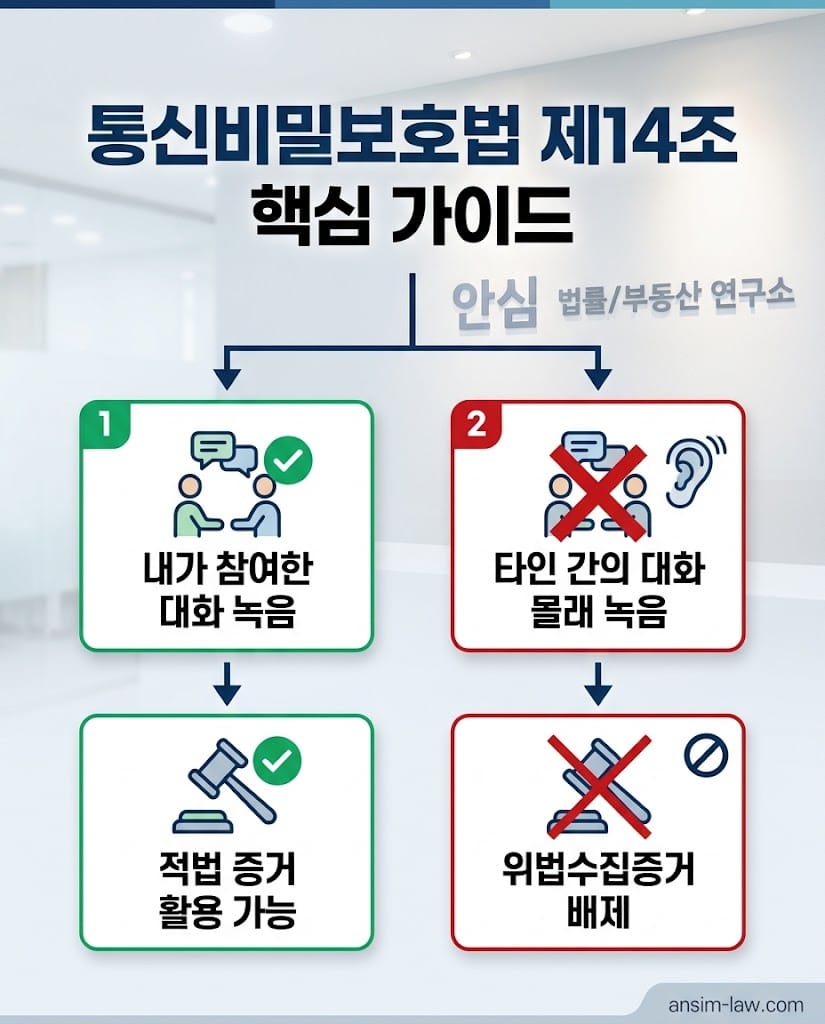 통신비밀보호법에 따른 적법한 대화 참여자 녹음과 위법한 타인 간 녹음 구분 인포그래픽