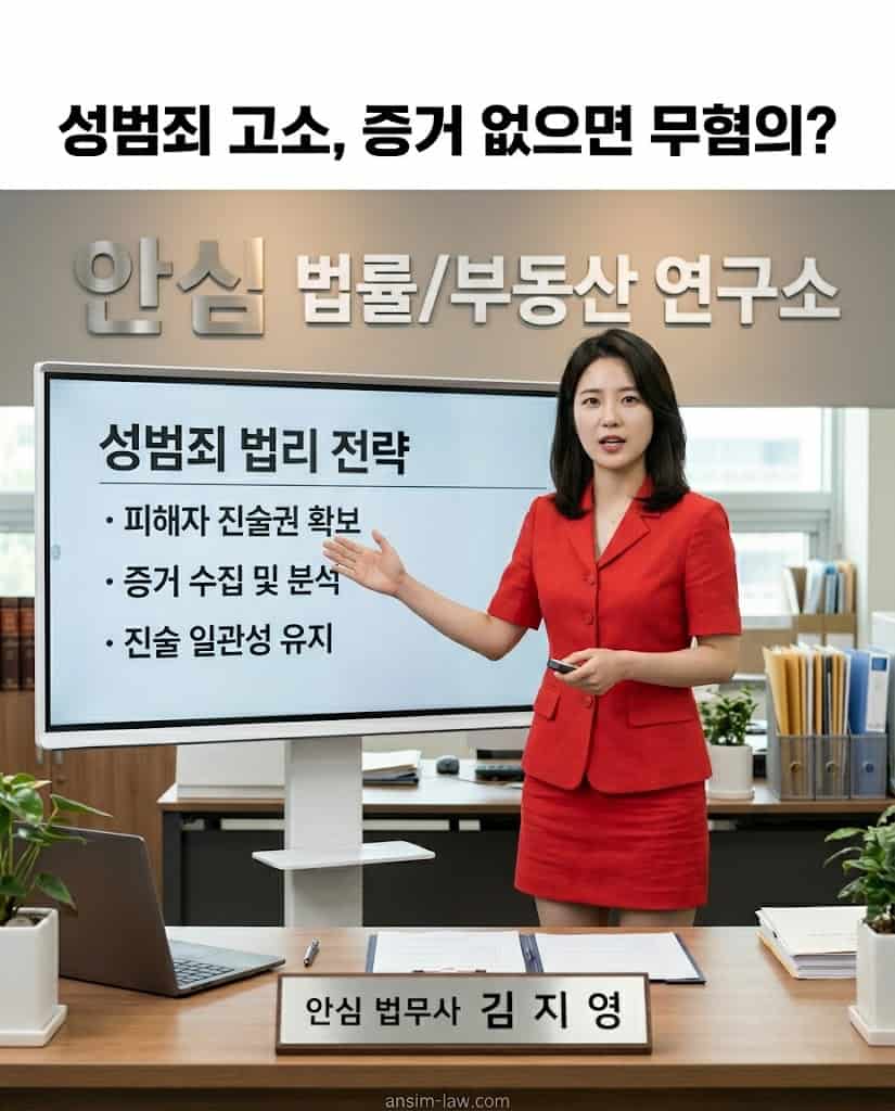 붉은색 정장을 입은 법률 전문가가 피해자 진술의 중요성과 수사 단계별 핵심 대응 전략을 설명합니다.