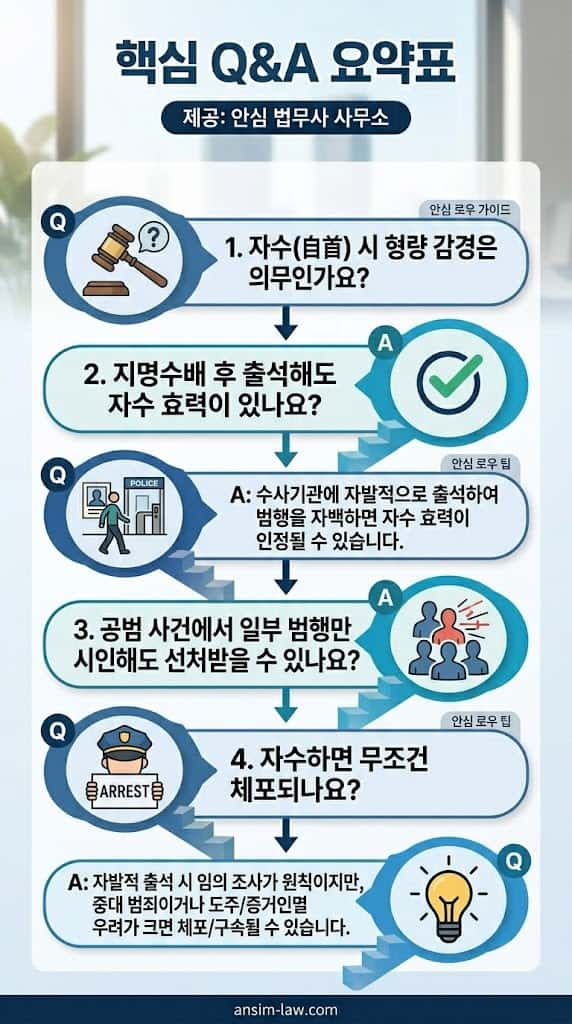지명수배 후 출석 효력 및 공범 사건 시인 등 자수 관련 핵심 Q&A 요약표