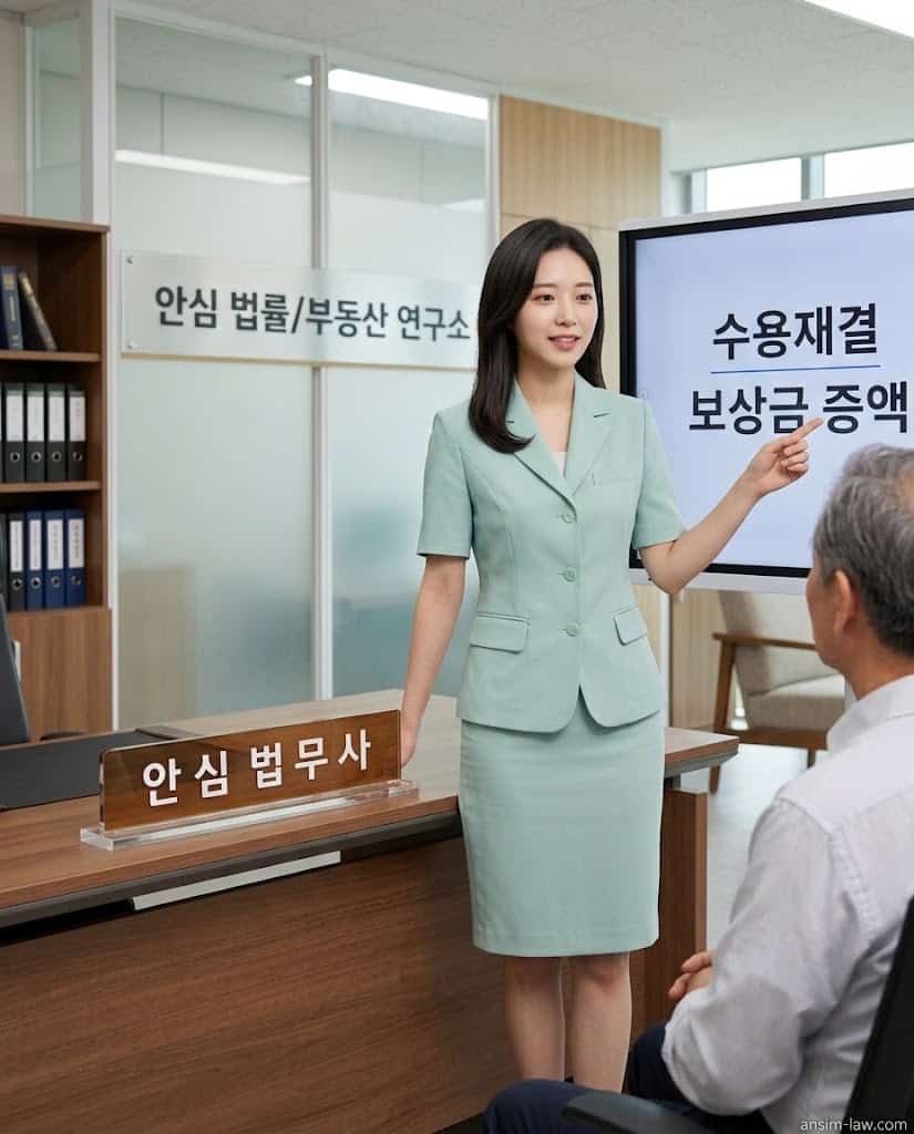 민트색 정장을 입은 안심 법무사가 토지보상금 증액 소송의 핵심 용어와 절차를 화면을 보며 설명합니다.