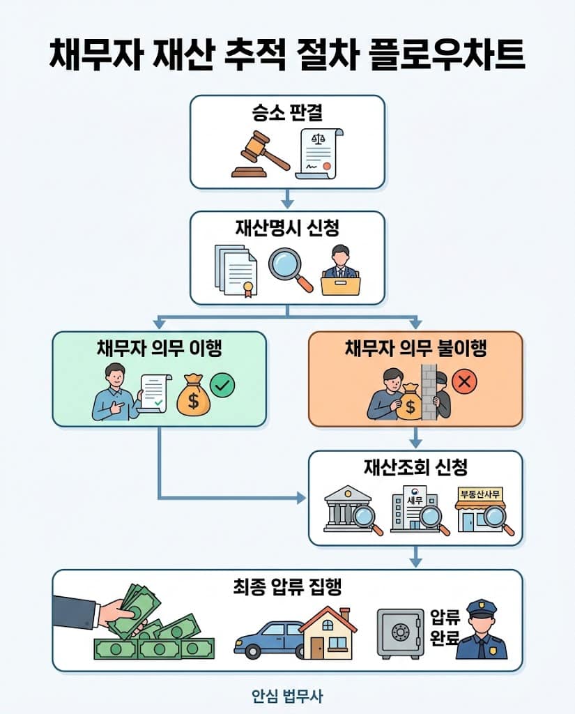 채무자 재산 추적을 위한 재산명시와 재산조회 절차 플로우차트 인포그래픽