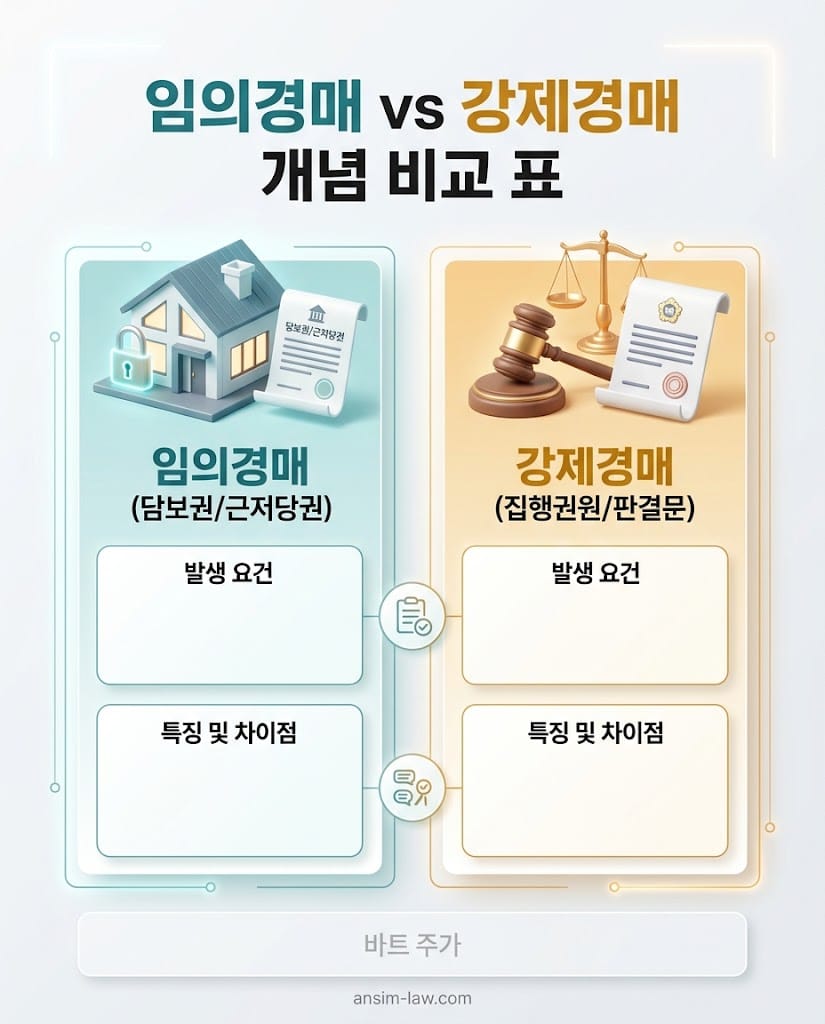 임의경매(담보권 실행)와 강제경매(집행권원 기초)의 발생 요건 및 특징 비교 인포그래픽