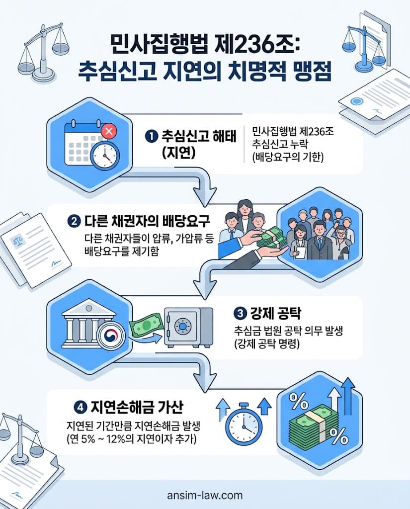 민사집행법 제236조에 따른 추심신고 지연 시 강제 공탁 및 연 5~12% 지연손해금 발생 구조도