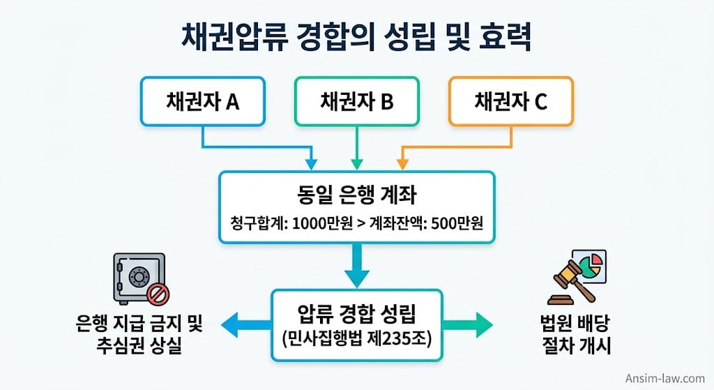 여러 채권자의 청구액 합계가 계좌 잔액을 초과할 때 발생하는 압류 경합의 성립 요건과 법적 효력을 설명하는 인포그래픽