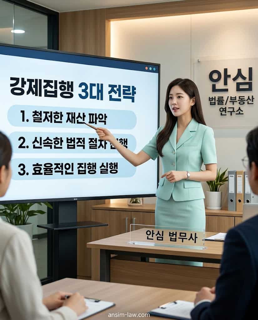 대형 화면을 통해 명도집행 핵심 전략을 설명하는 안심 법무사