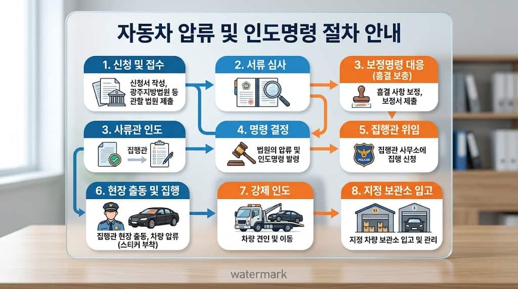관할 법원 자동차 인도명령 및 압류 절차 플로우차트 인포그래픽