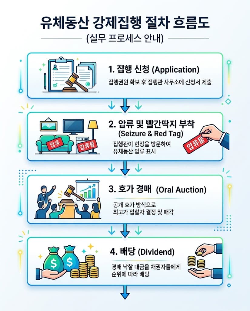 유체동산 강제집행 4단계 핵심 실무 절차 플로우차트
