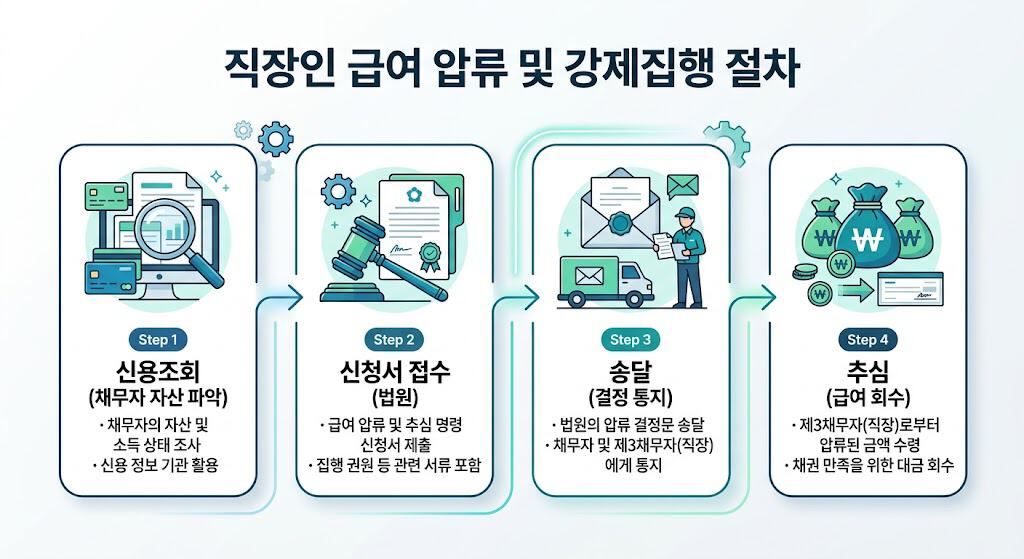 직장인 급여 압류 및 강제집행 절차를 단계별로 보여주는 한글 플로우차트 인포그래픽