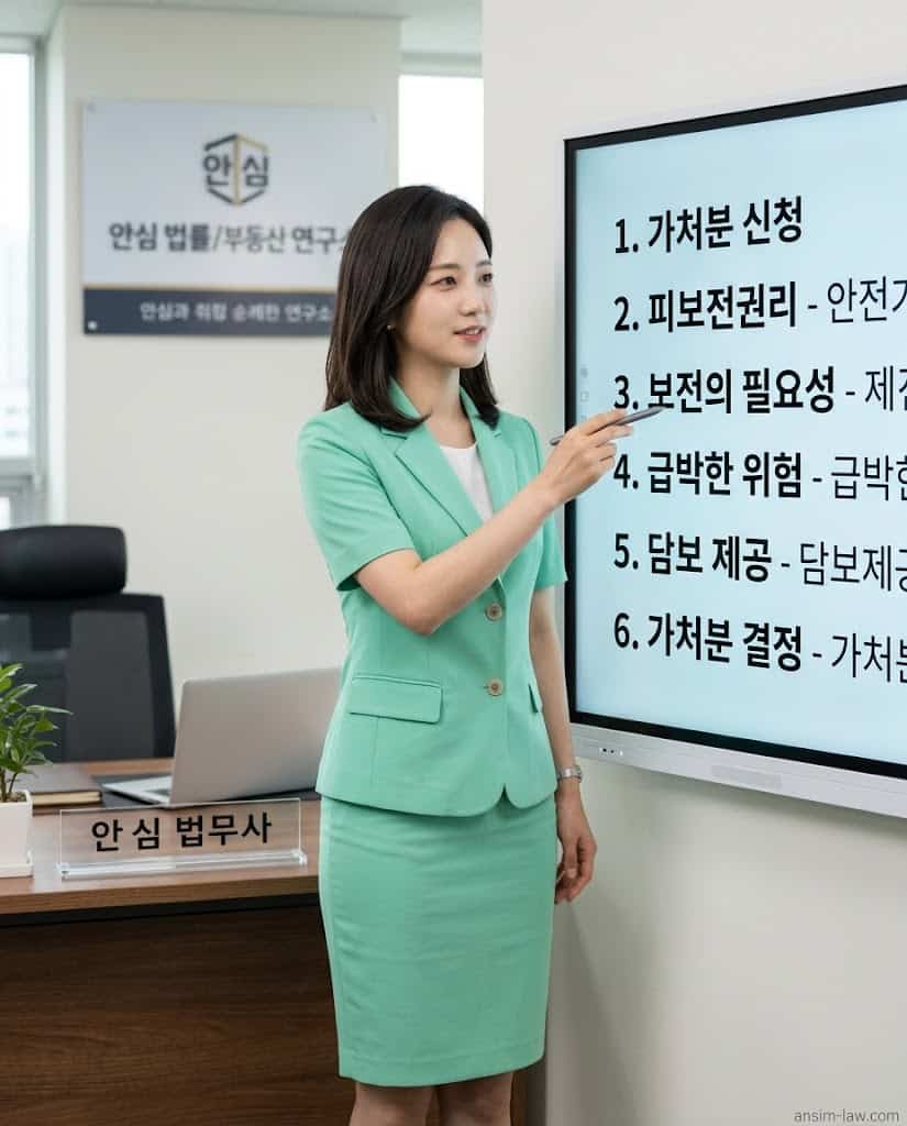 화면을 보며 가처분 핵심 요건을 쉽게 설명하는 안심 법무사 모습입니다.