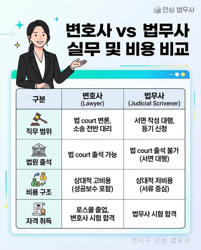 변호사 법정 대리와 법무사 서면 집행 대행의 실무 및 비용 맞춤형 비교표