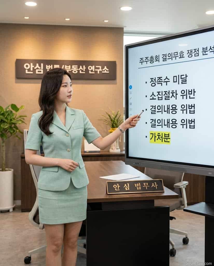 안심 법무사가 화면을 통해 설명하는 주주총회 결의무효 및 정관 위반 쟁점