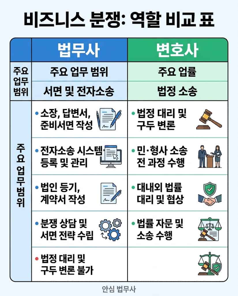 법무사의 서면 실무와 변호사의 법정 변론 역할을 비교한 인포그래픽