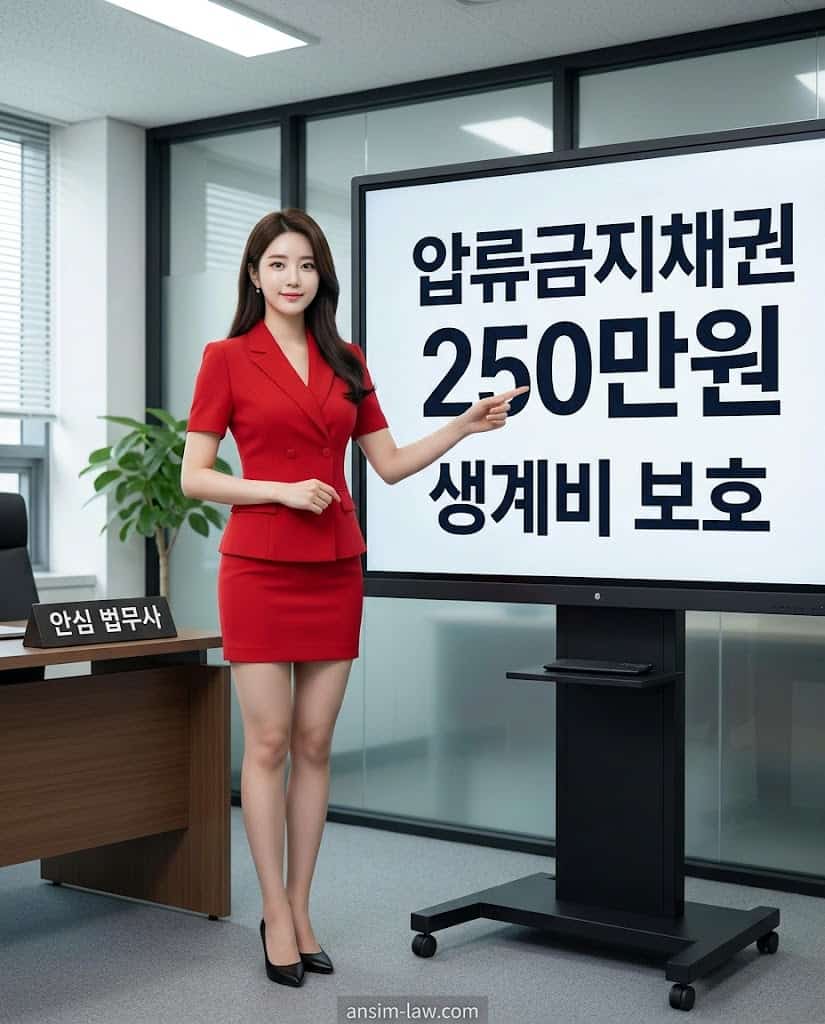 붉은 정장의 안심 법무사가 민사집행법상 압류금지채권 250만 원에 대해 화면으로 설명하는 모습.