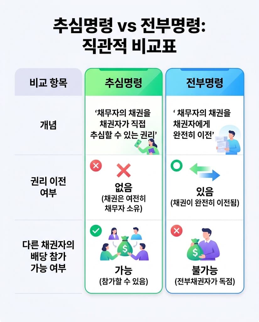 추심명령 및 전부명령의 권리 이전과 배당 요구 차이 비교표