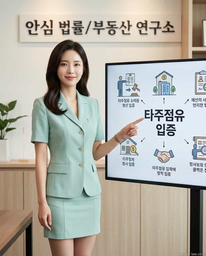 민트색 정장을 입고 타주점유 입증의 중요성을 설명하는 안심 법무사 모습